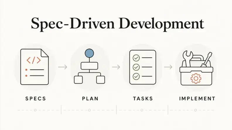 Illustration for Spec-Driven Development showing specs, plans, tasks and implementation flow in an AI-accelerated software team