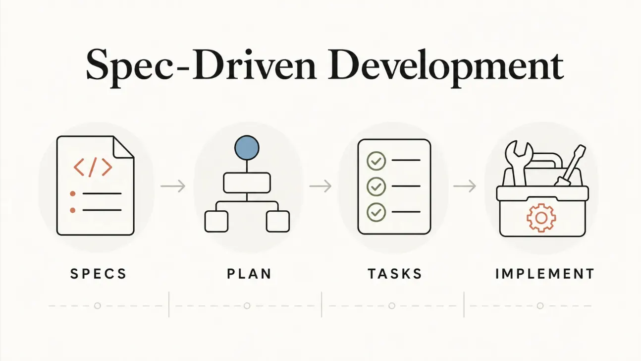 Illustration for Spec-Driven Development showing specs, plans, tasks and implementation flow in an AI-accelerated software team