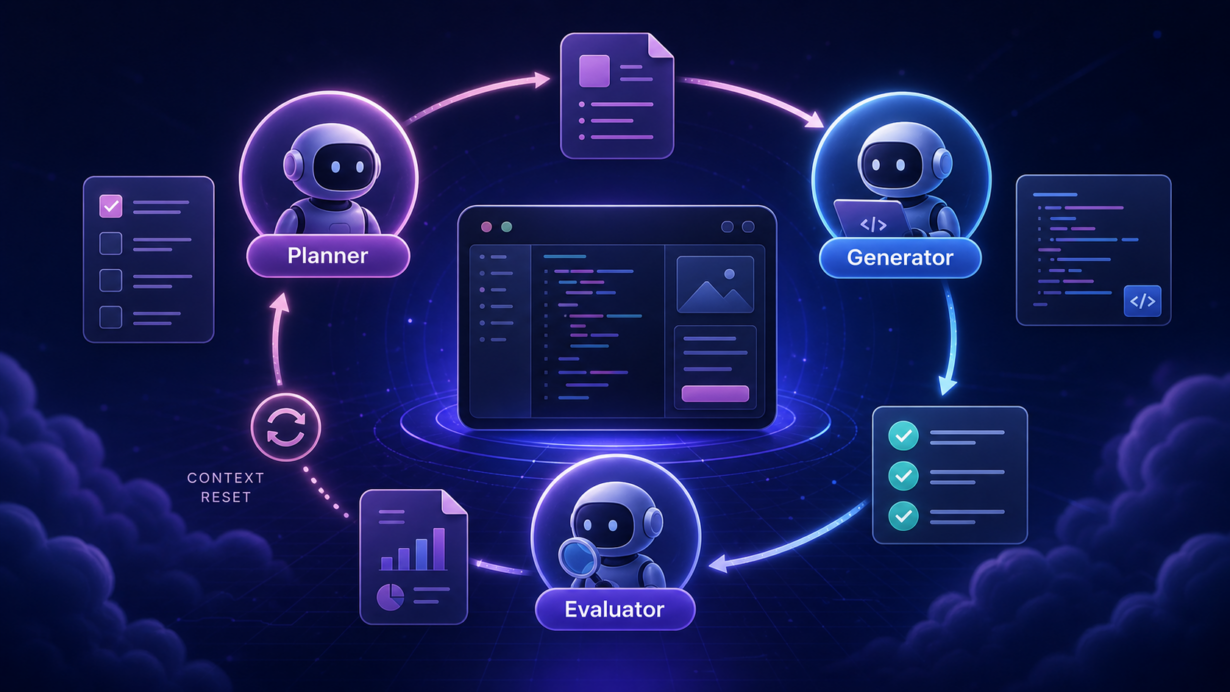 AI agent harness design with planner, generator, evaluator, context reset and structured handoff workflow
