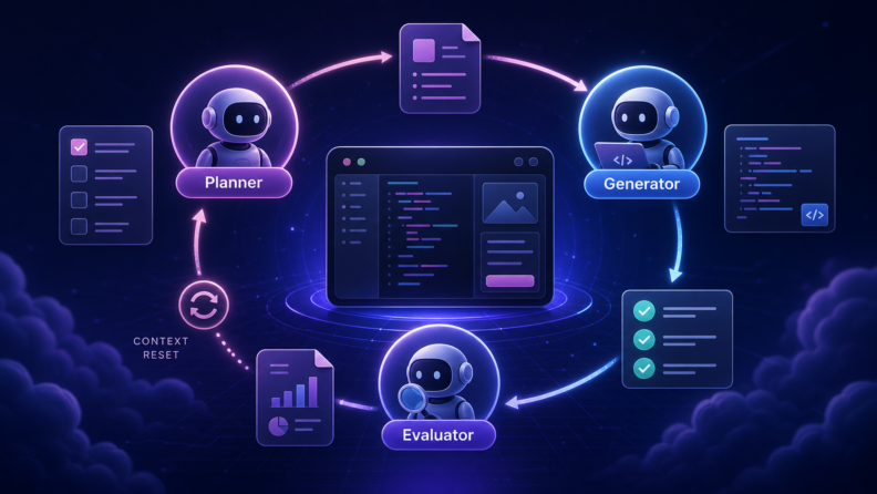 AI agent harness design with planner, generator, evaluator, context reset and structured handoff workflow