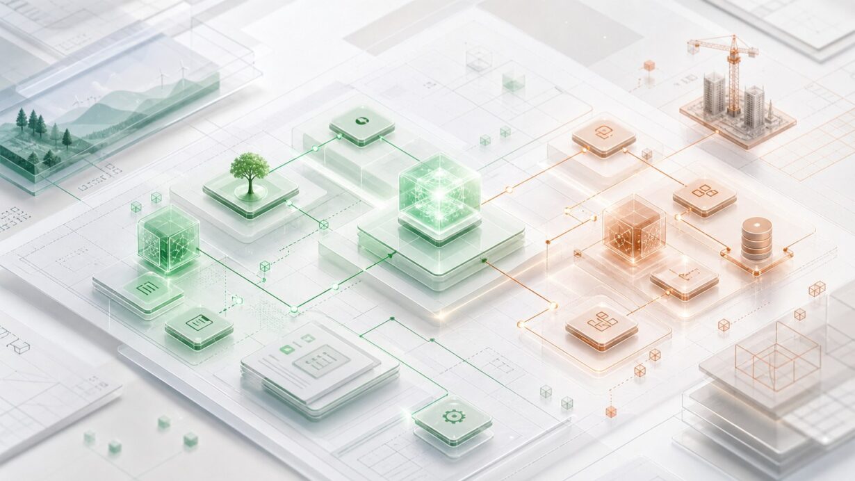 Abstract illustration of spec-driven development guiding AI-generated software architecture