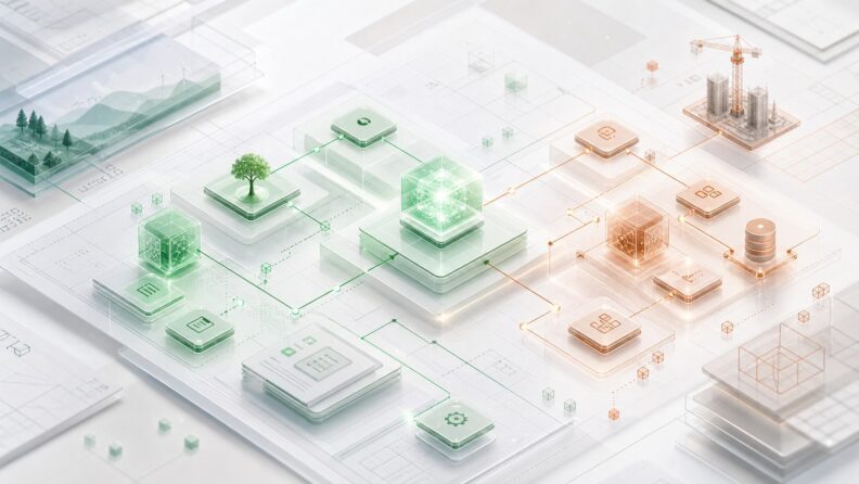 Abstract illustration of spec-driven development guiding AI-generated software architecture