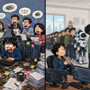 การ์ตูนเปรียบเทียบคอขวดการพัฒนาโปรแกรม ก่อนและหลังมี AI coding agent