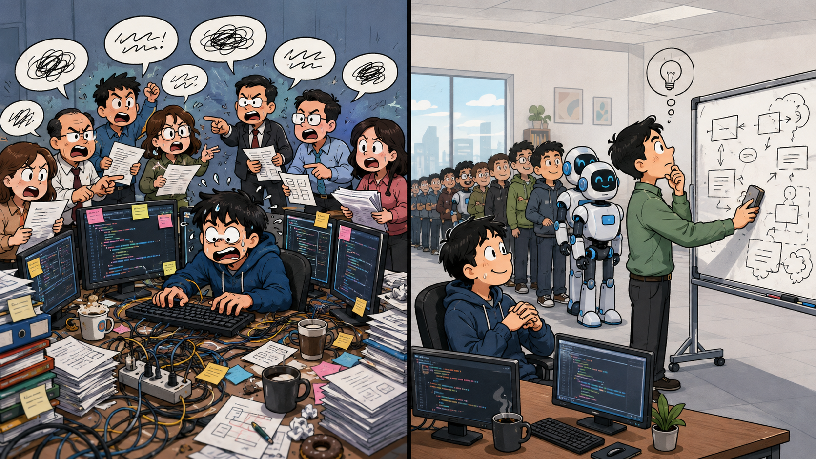 การ์ตูนเปรียบเทียบคอขวดการพัฒนาโปรแกรม ก่อนและหลังมี AI coding agent