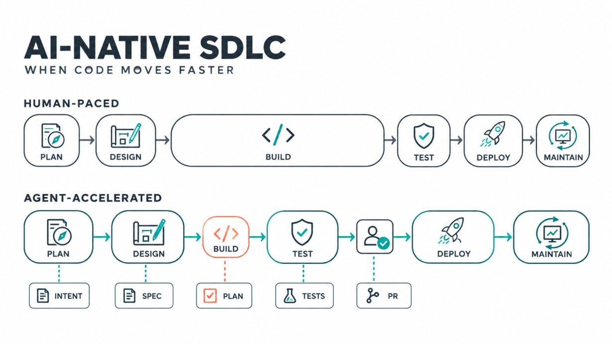 AI-Native SDLC แบบ minimal เปรียบเทียบ workflow แบบ human-paced และ agent-accelerated ตั้งแต่ Plan ถึง Maintain