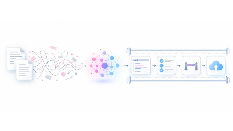 ภาพ workflow จาก intent และ context ผ่าน AI agent ไปสู่ code การทดสอบ guardrail และ deployment