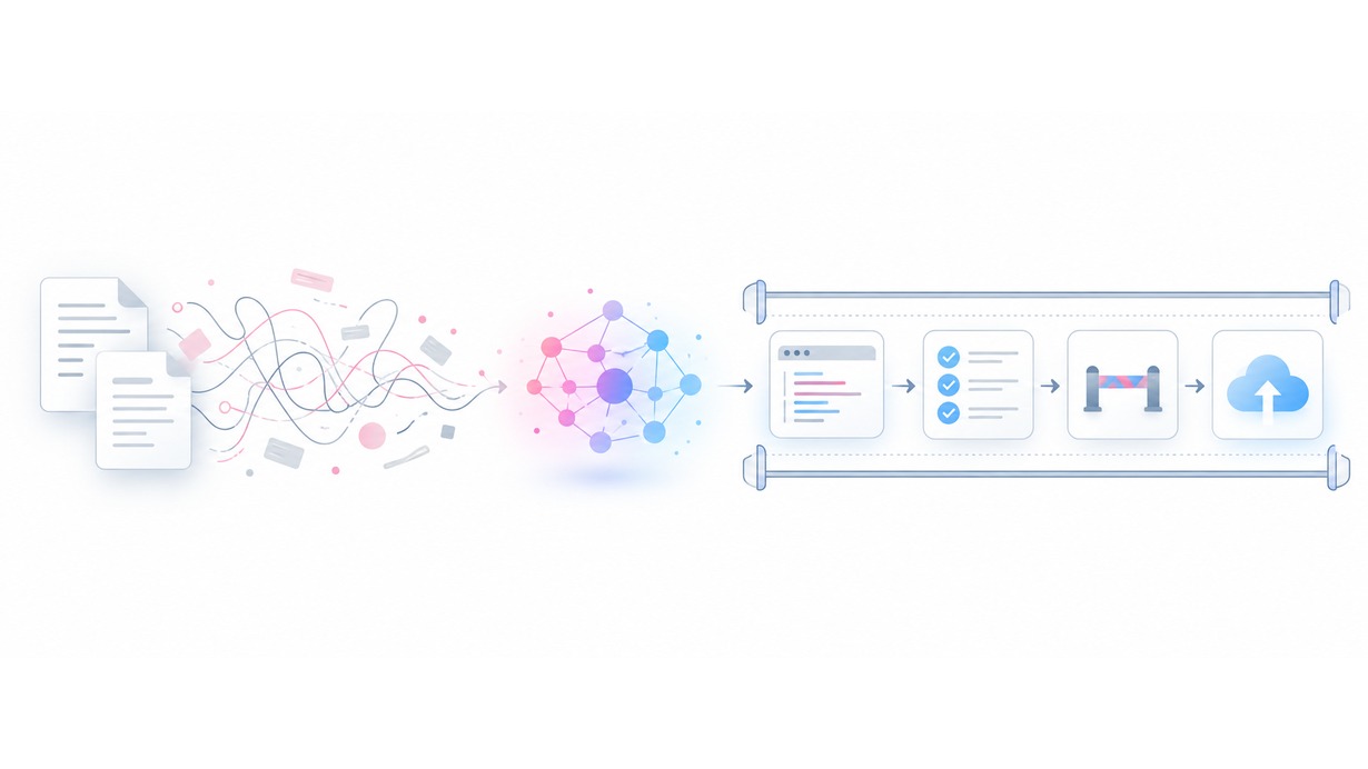 ภาพ workflow จาก intent และ context ผ่าน AI agent ไปสู่ code การทดสอบ guardrail และ deployment